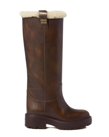 Miumiu Women's Fume Leather Boots Dark Coffee